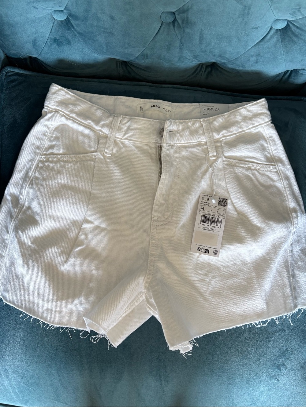 Mango White High-Rise Frayed Hem Women’s Shorts